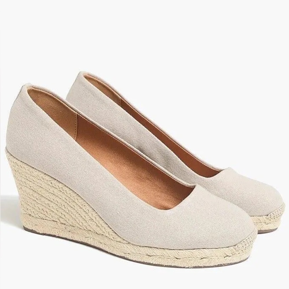 👡 🌿 J.Crew Factory Neutral Canvas Espadrille Wedges Size 8.5 Jute Platform Heels